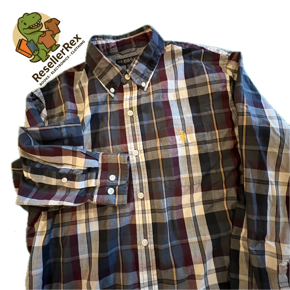 U.S. Polo Assn Mens Plaid Button Down Shirt Long Sleeve‎ Tan Burgundy Blue M